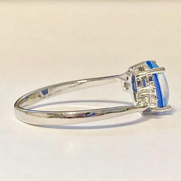 Opal Stone Ring Solitaire Silver Plated Simulated Blue Oval Cut Size 7 8 9 11 - Picture 4 of 11